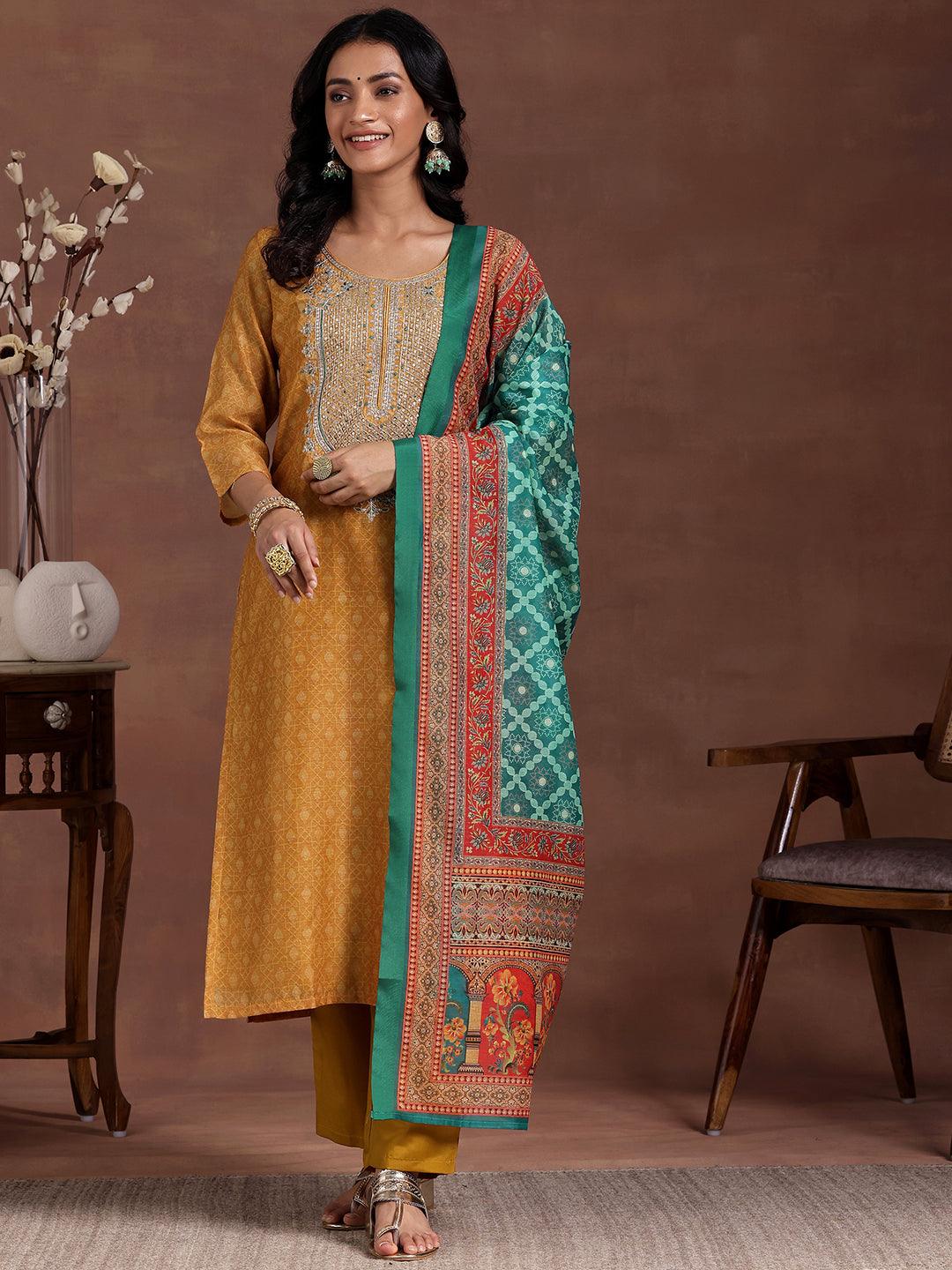 Mustard Printed Silk Blend Straight Suit With Dupatta - Libas 