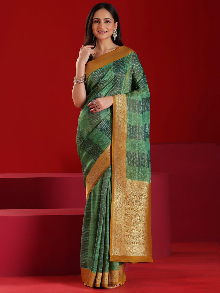 Libas Art Green Woven Design Satin Saree With Unstitched Blouse Piece - Libas