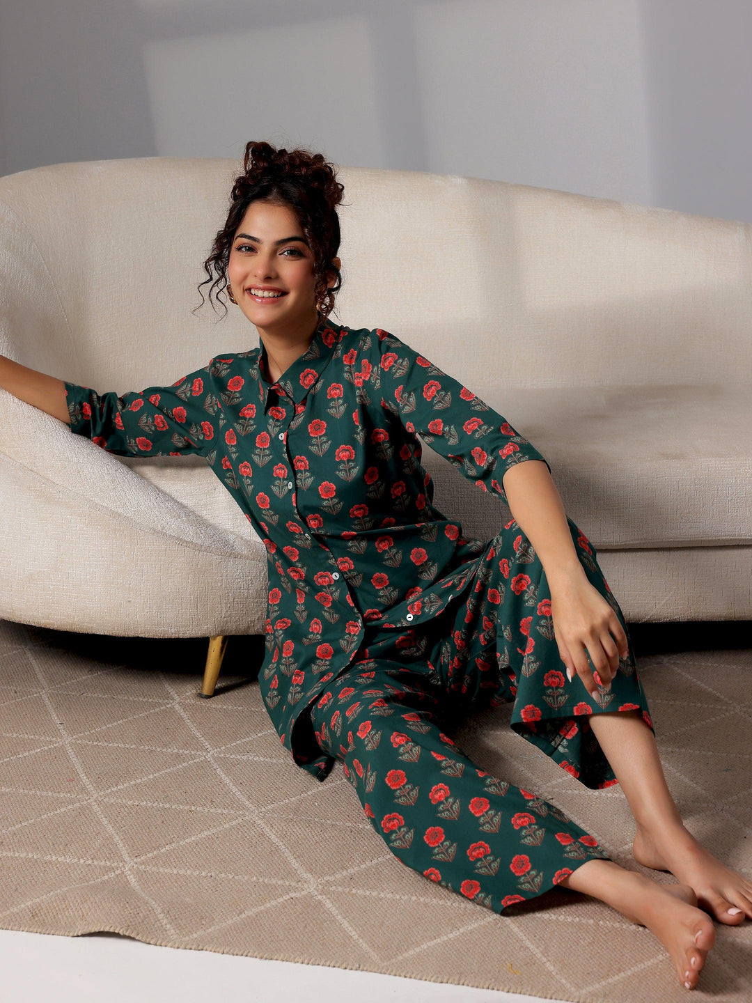 Green Printed Cotton Night Suits - Libas