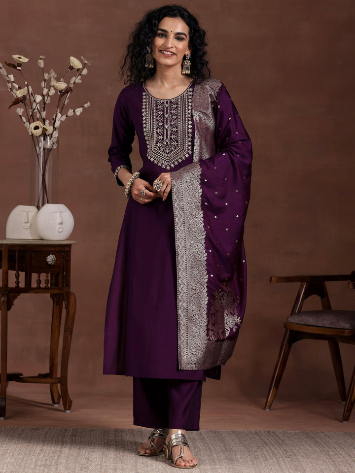 Wine Yoke Design Silk Blend Straight Suit With Dupatta - Libas