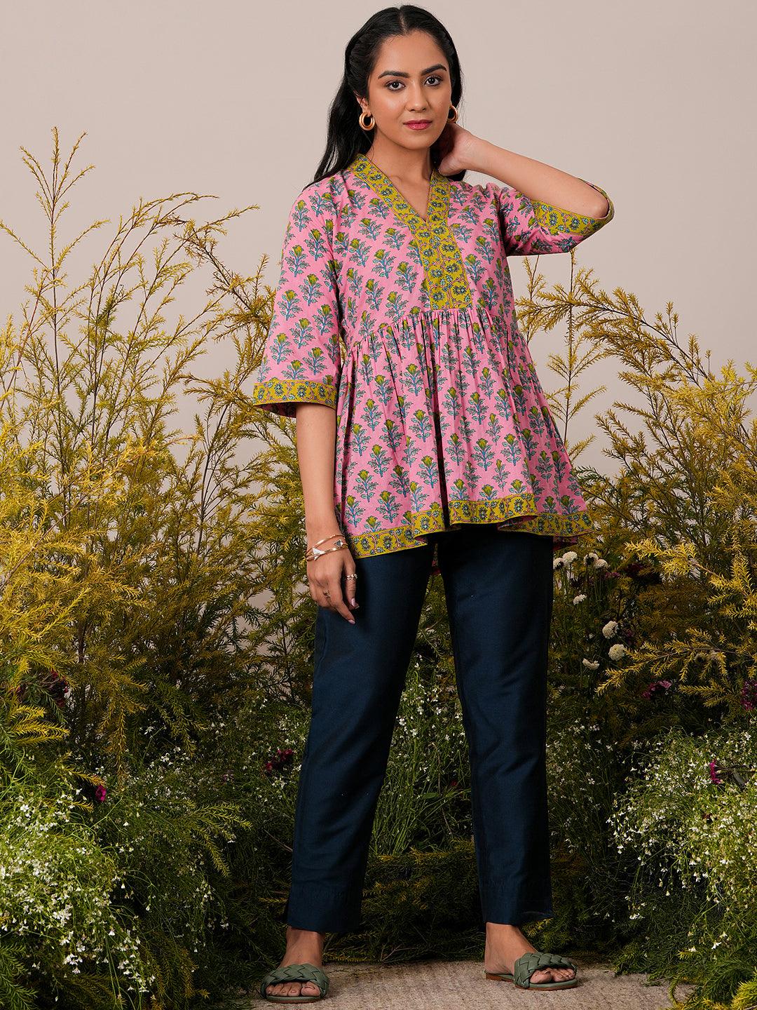 Pink Printed Cotton A-Line Kurti - Libas