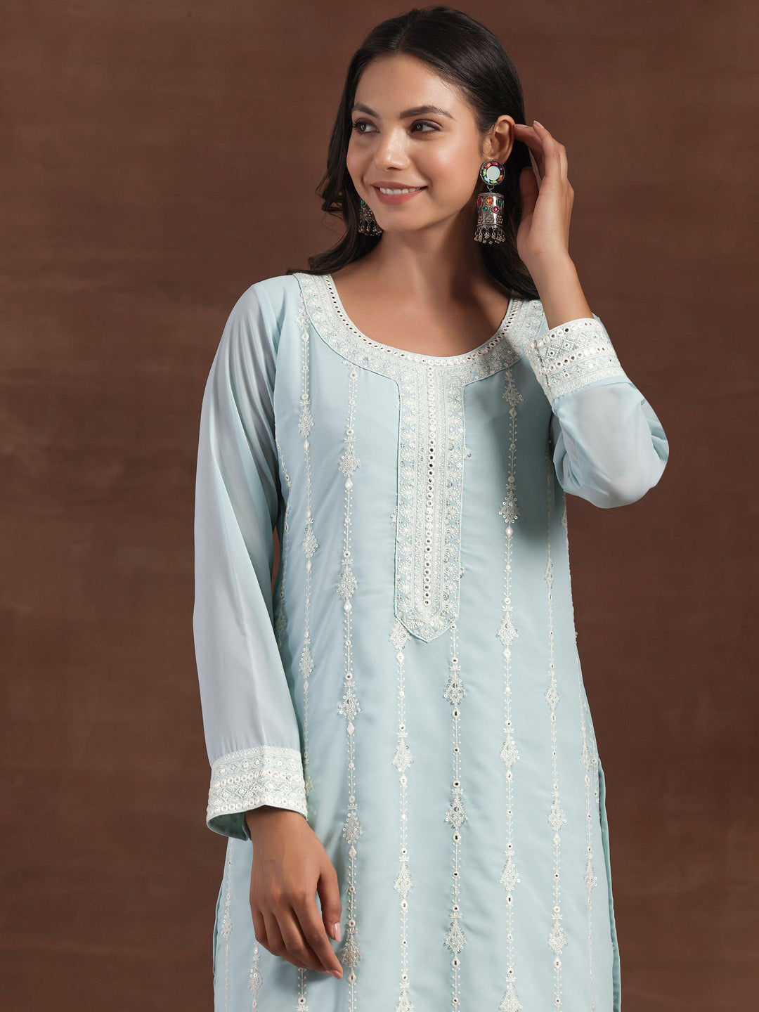 Blue Embroidered Georgette Straight Suit With Dupatta - Libas 