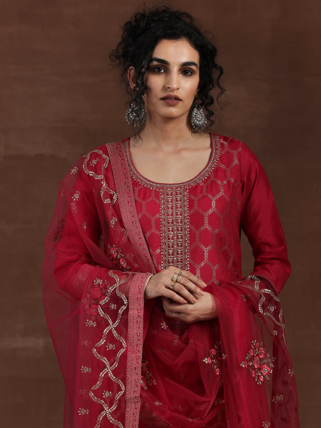 Pink Woven Design Silk Blend Straight Suit With Dupatta - Libas 