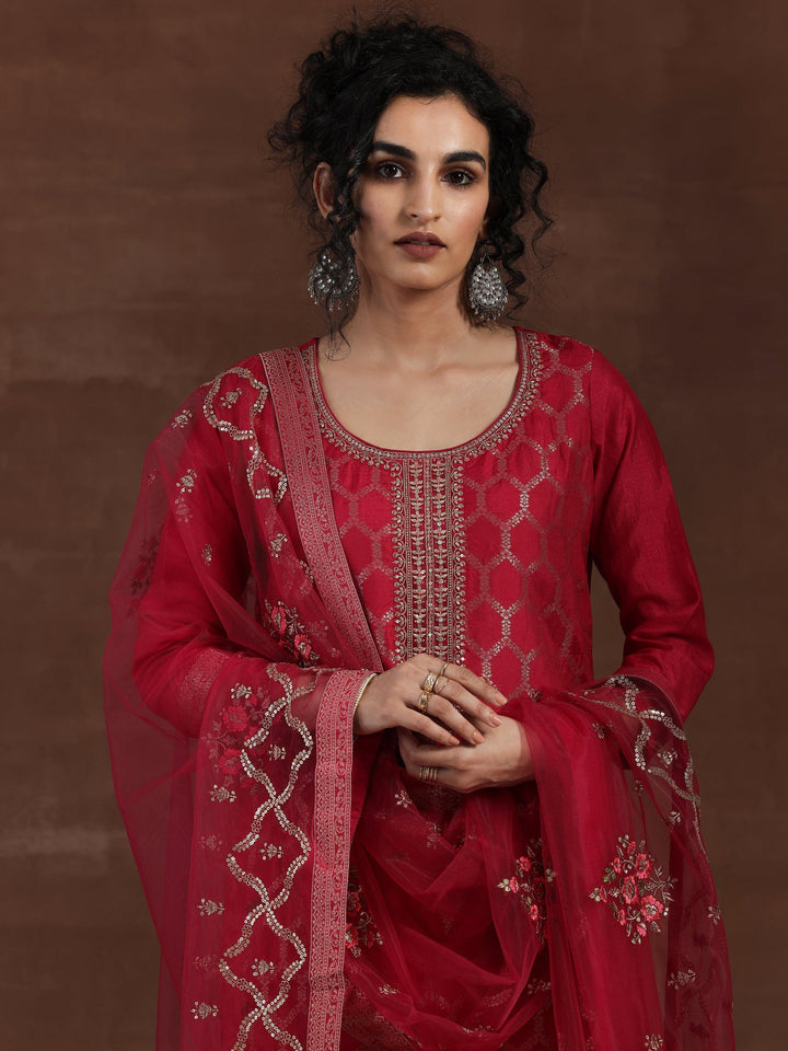 Pink Woven Design Silk Blend Straight Suit With Dupatta - Libas