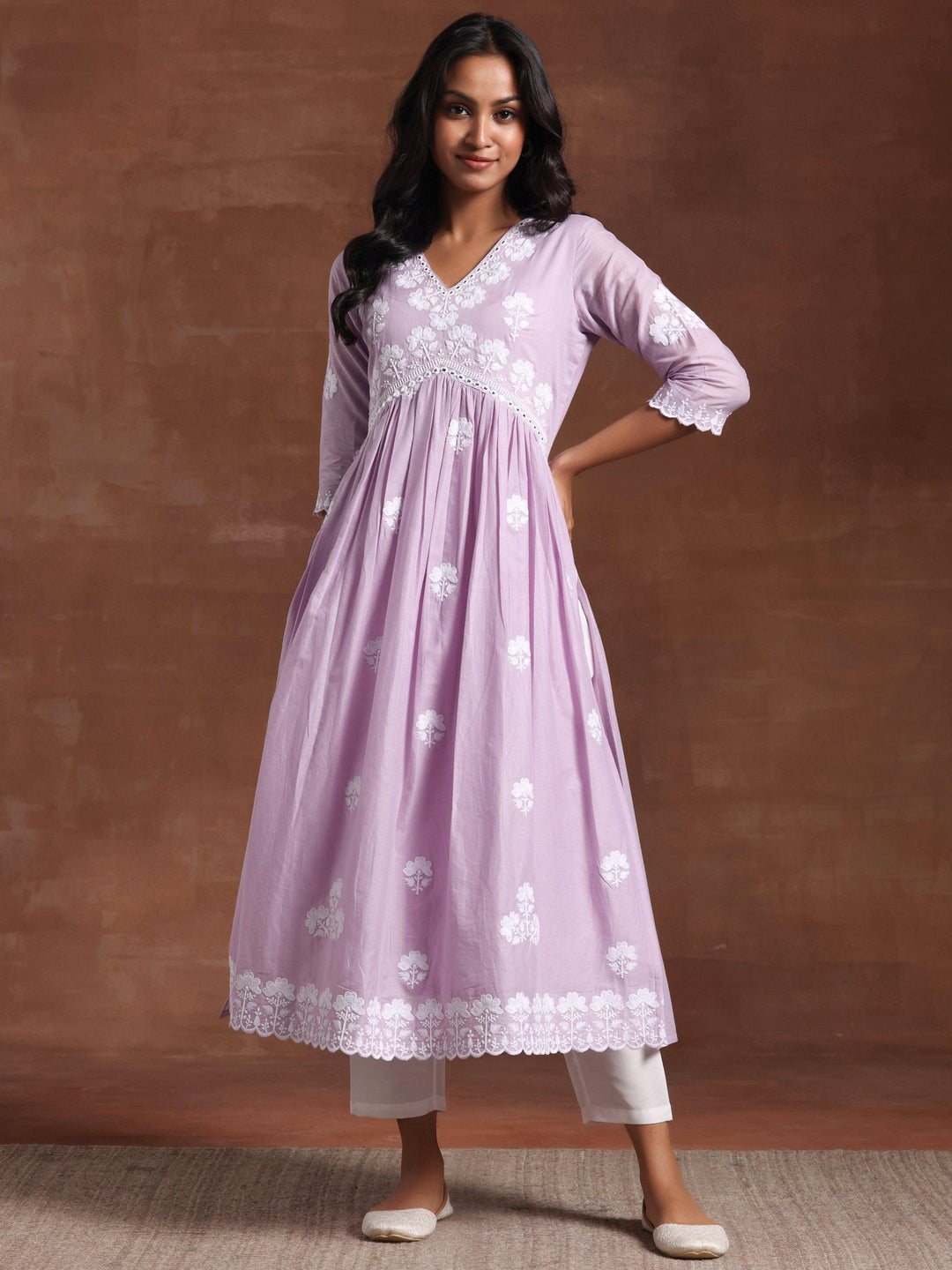 Lavender Embroidered Cotton A-Line Kurta - Libas 