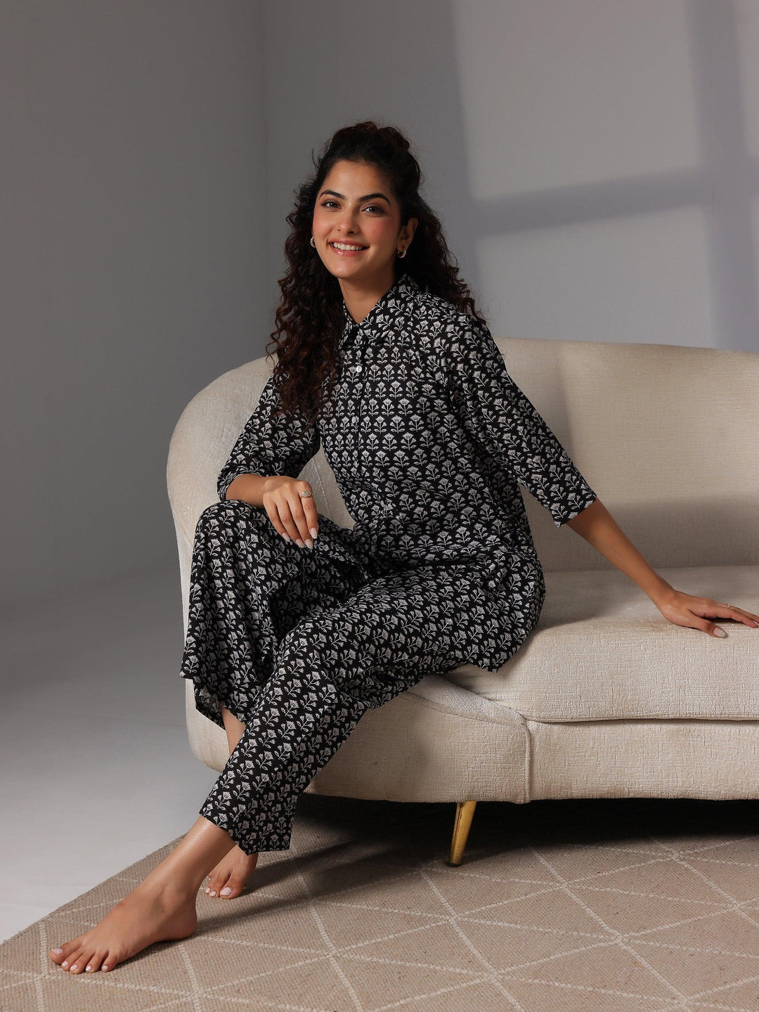 Black Printed Cotton Night Suits - Libas 