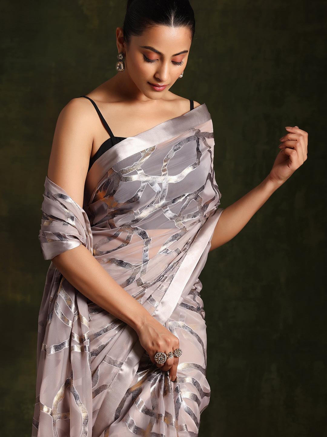 Grey Woven Design Brasso Saree With Unstitched Blouse Piece - Libas 