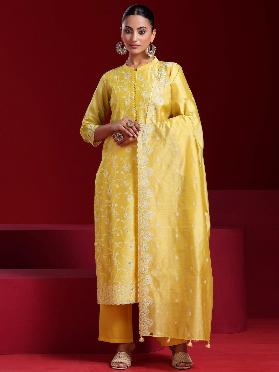 Libas Art Yellow Embroidered Chanderi Silk Straight Suit With Dupatta - Libas