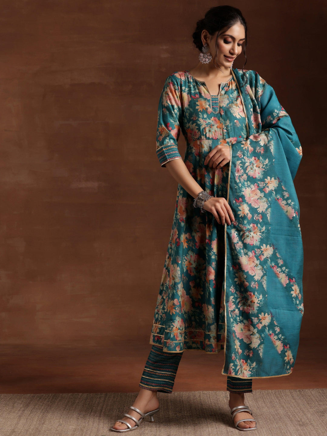 Blue Printed Silk Blend Anarkali Suit With Dupatta - Libas 