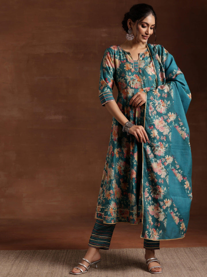 Blue Printed Silk Blend Anarkali Suit With Dupatta - Libas