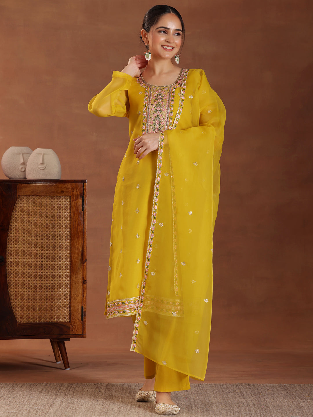  Mustard Embroidered Organza Straight Suit With Dupatta 