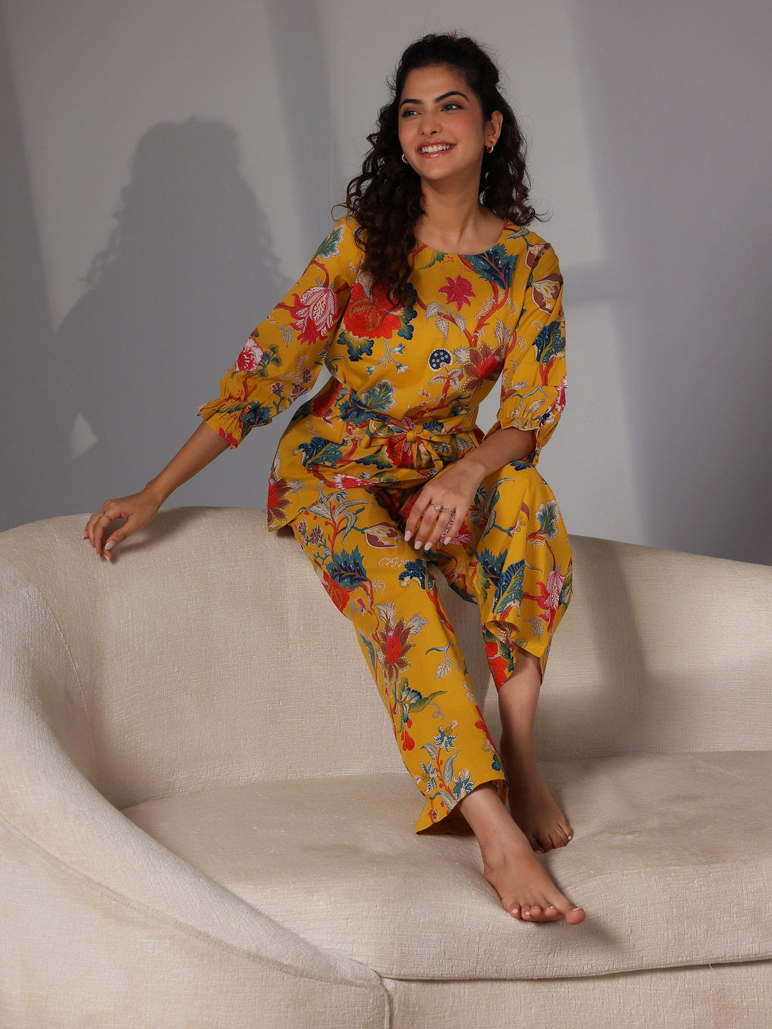 Mustard Printed Cotton Night Suits - Libas 