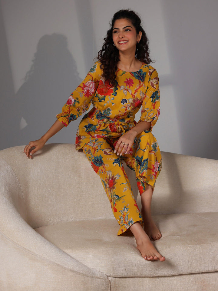 Mustard Printed Cotton Night Suits - Libas