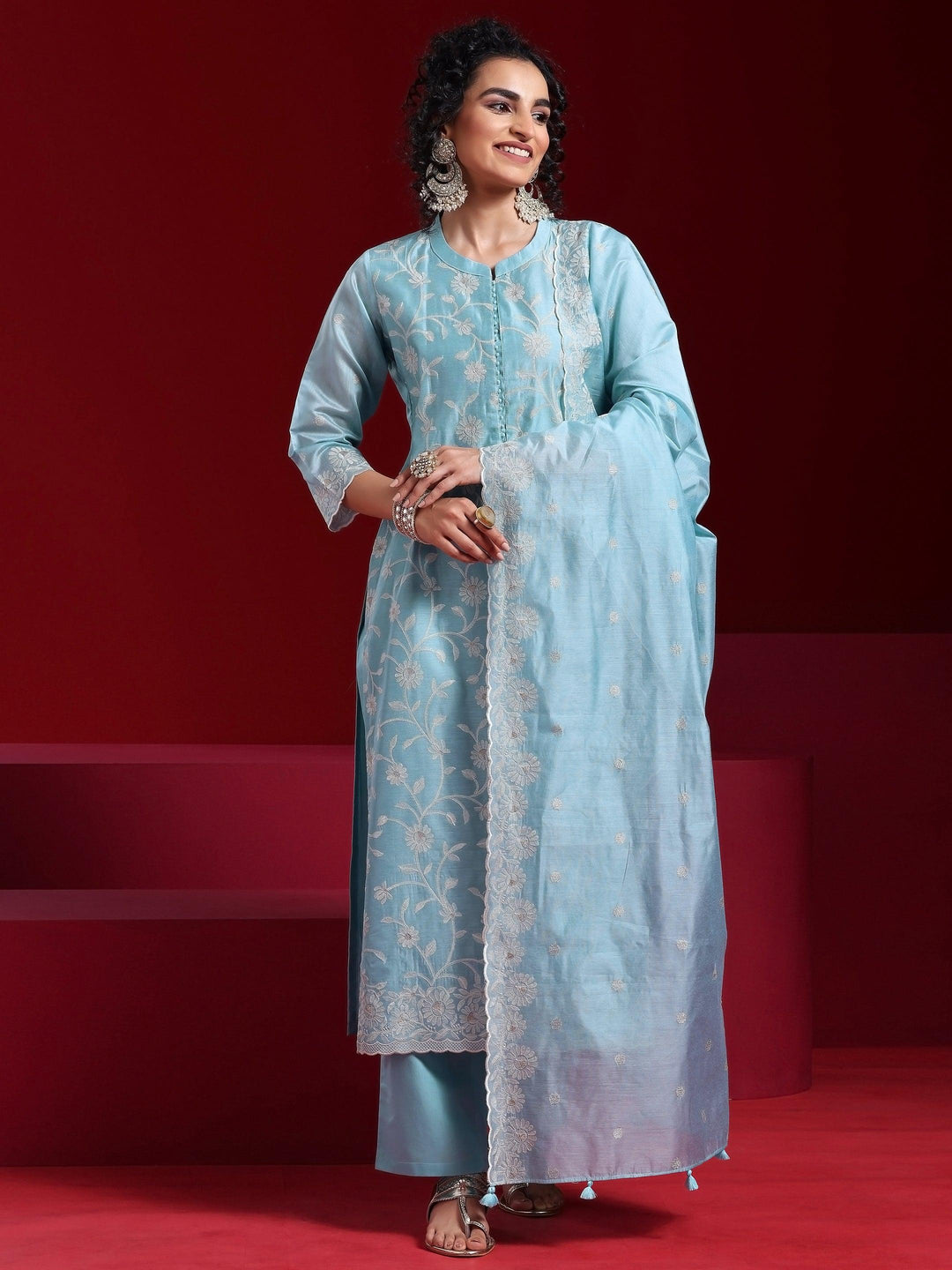 Libas Art Blue Embroidered Chanderi Silk Straight Suit With Dupatta - Libas 