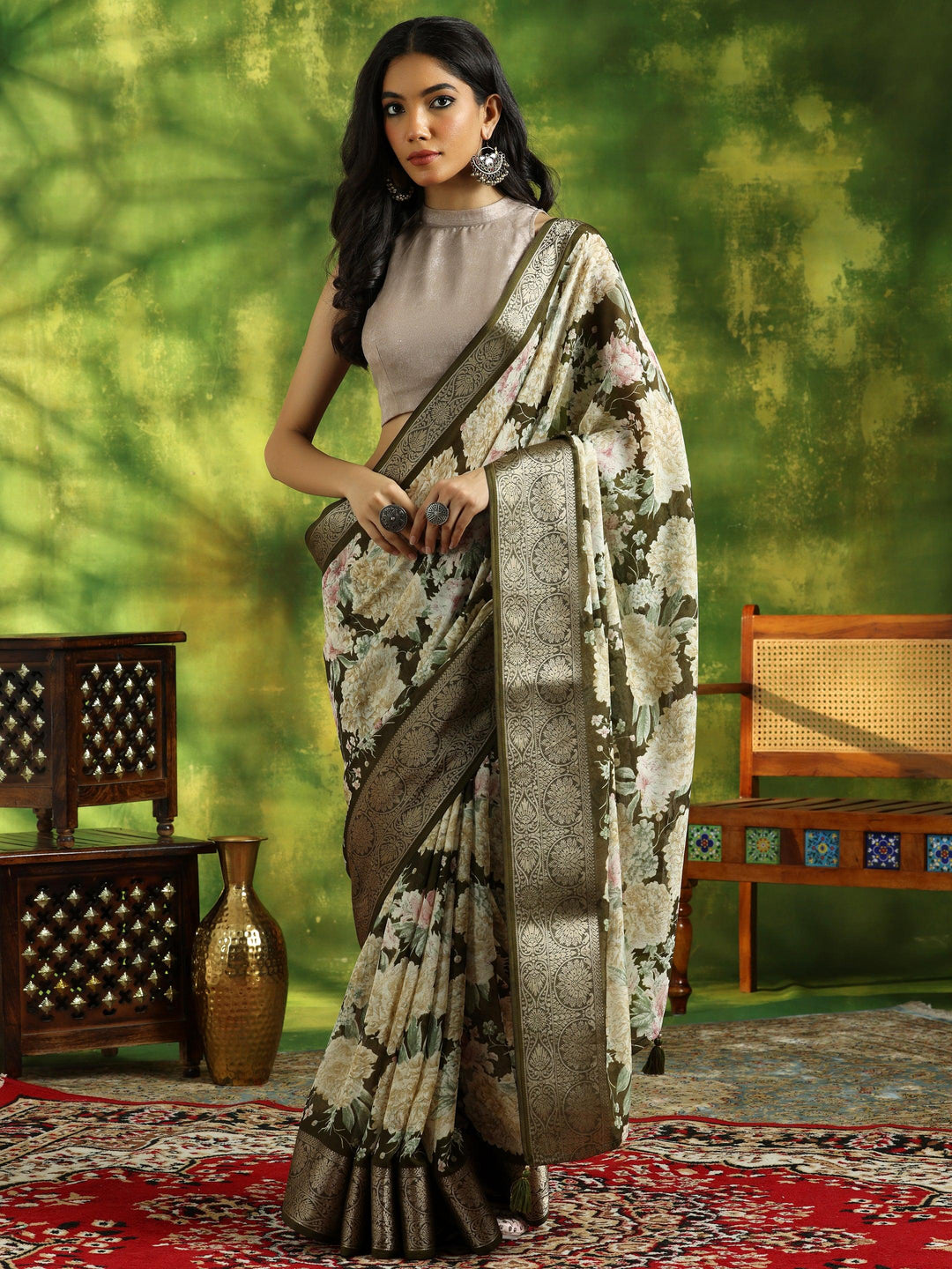 Olive Printed Silk Blend Saree With Unstitched Blouse Piece - Libas