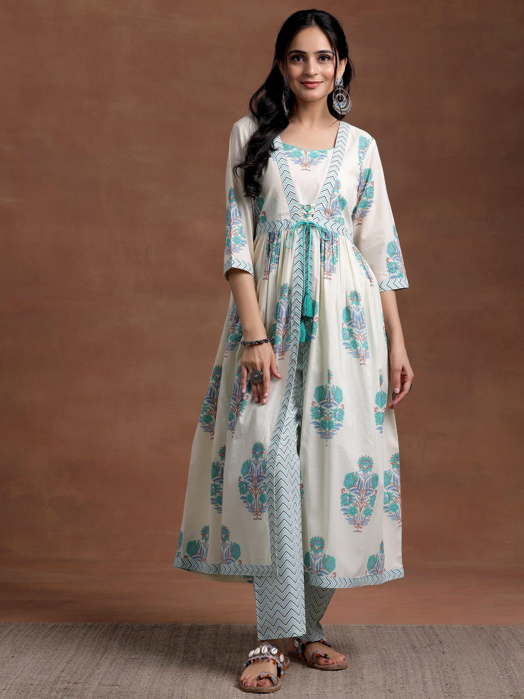 Off white Printed Cotton Straight Kurta Set - Libas 