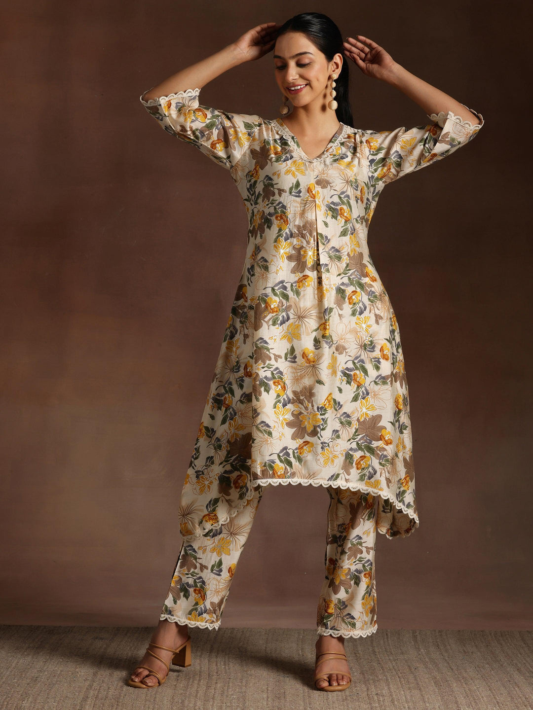 Beige Printed Chanderi Silk A-Line Kurta With Trousers - Libas 