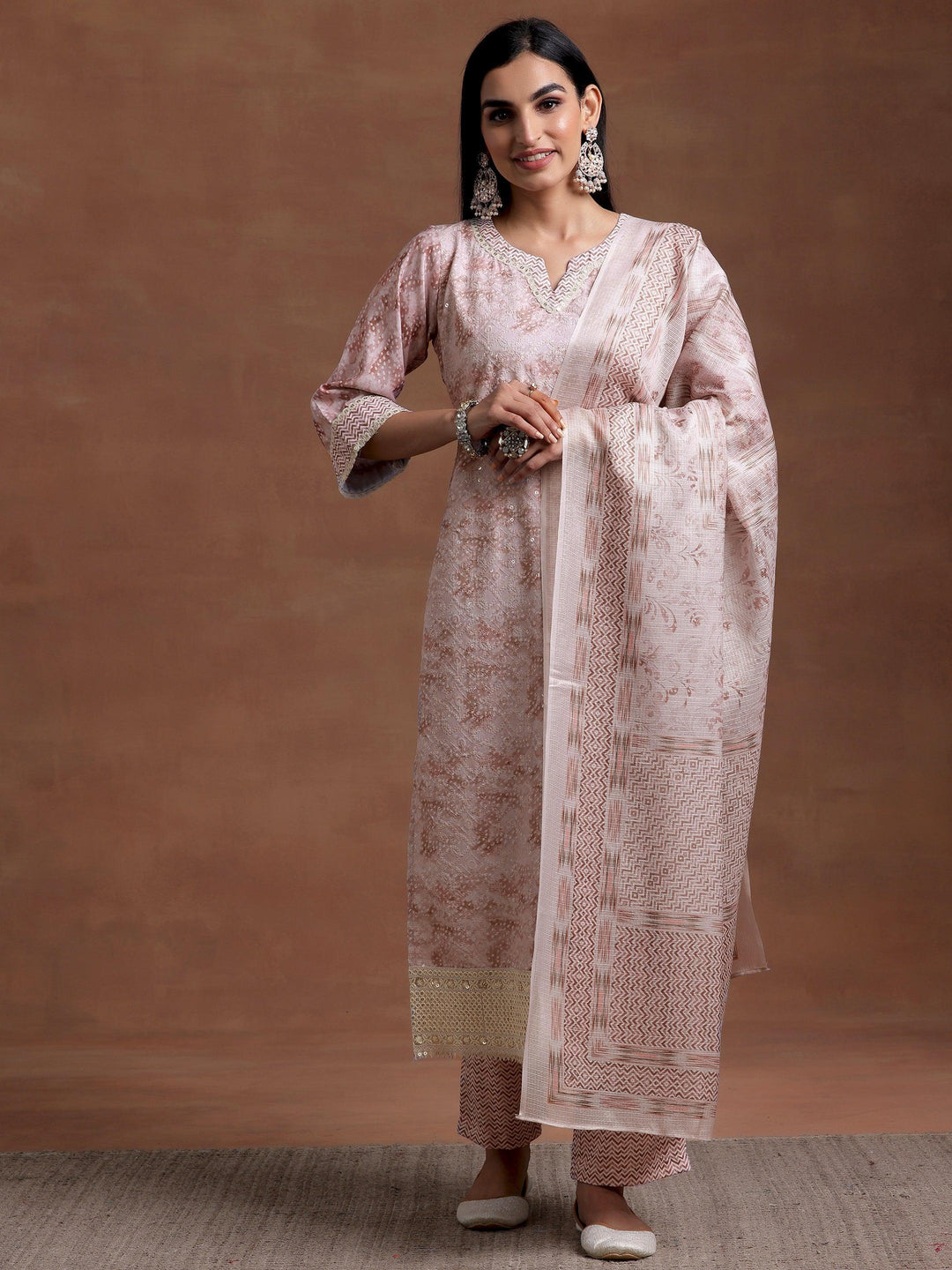 Beige Embroidered Cotton Blend Straight Suit With Dupatta - Libas 