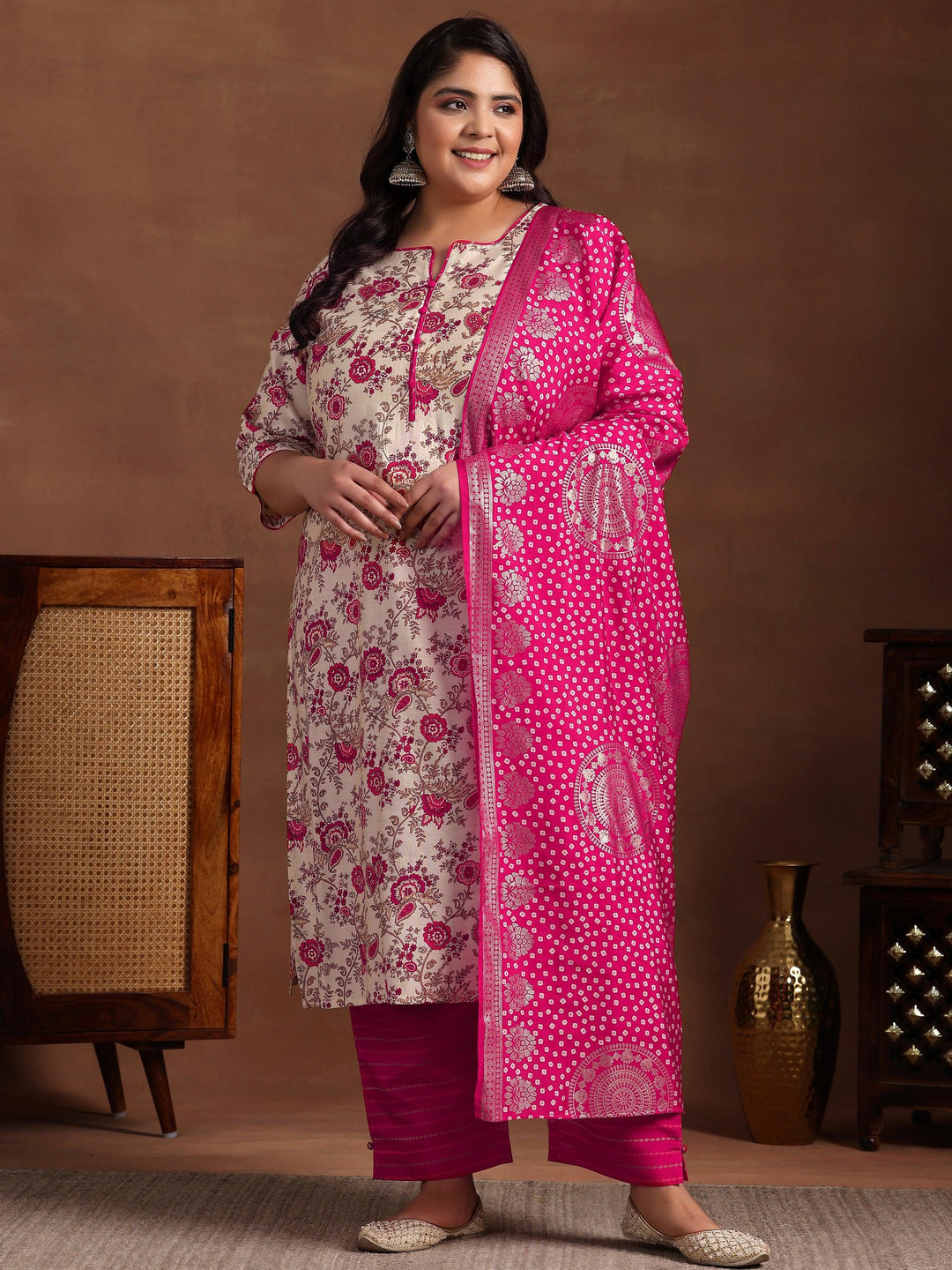 Plus Size Pink Printed Silk Blend Straight Suit With Dupatta - Libas