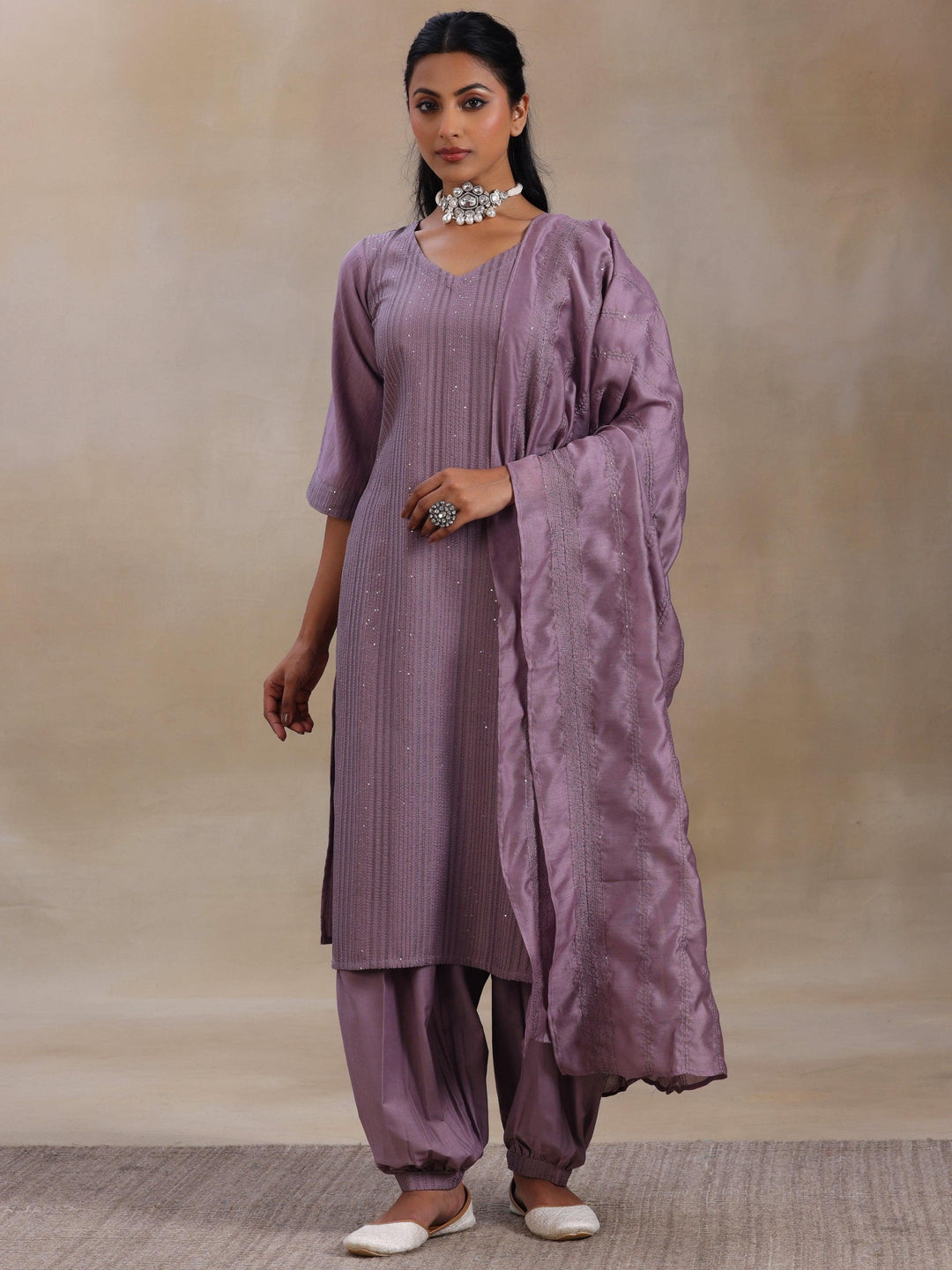 Mauve Self Design Silk Blend Straight Suit With Dupatta - Libas 