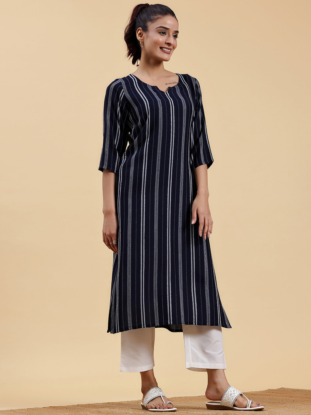  Navy Blue Woven Design Rayon Straight Kurta 