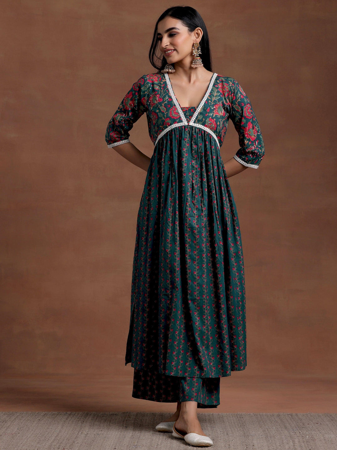 Blue Printed Cotton A-Line Kurta With Palazzos - Libas