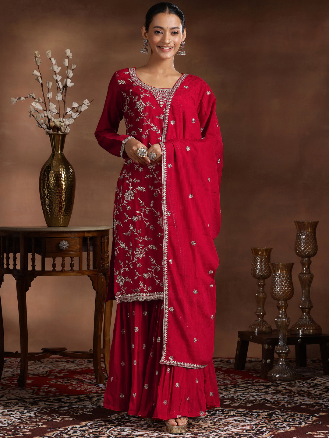  Red Embroidered Silk Blend Straight Suit With Dupatta 