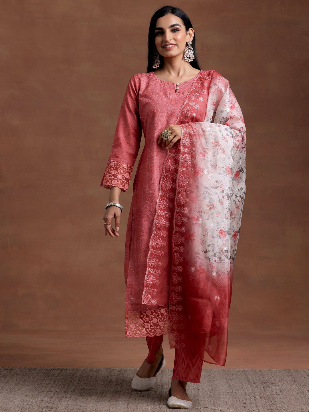 Peach Embroidered Silk Blend Straight Suit With Dupatta - Libas 