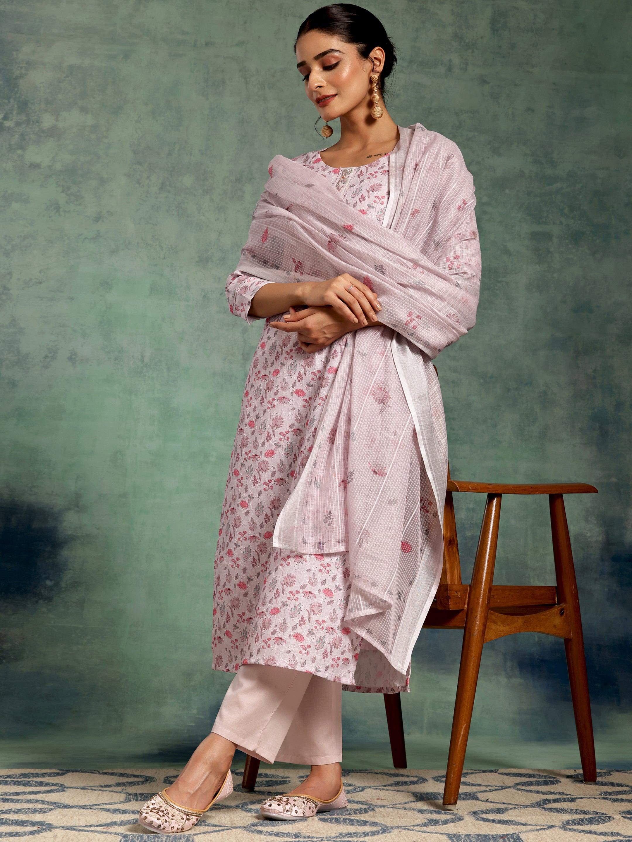 Lilac Printed Cotton Straight Suit With Dupatta