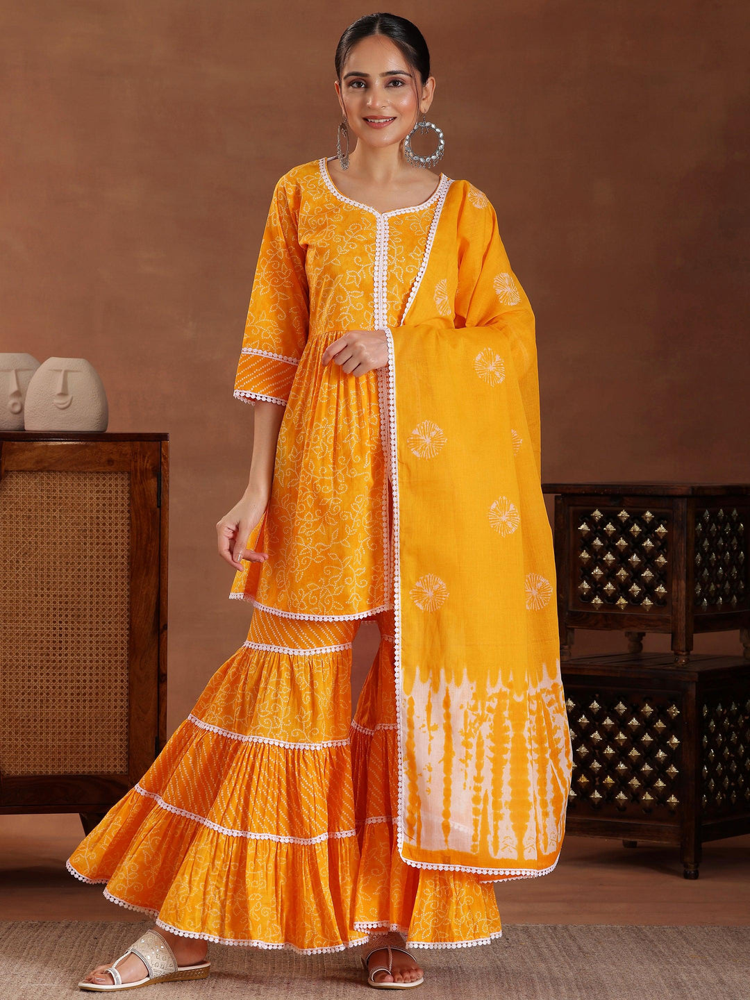 Mustard Printed Pure Cotton A-Line Kurti With Sharara & Dupatta - Libas