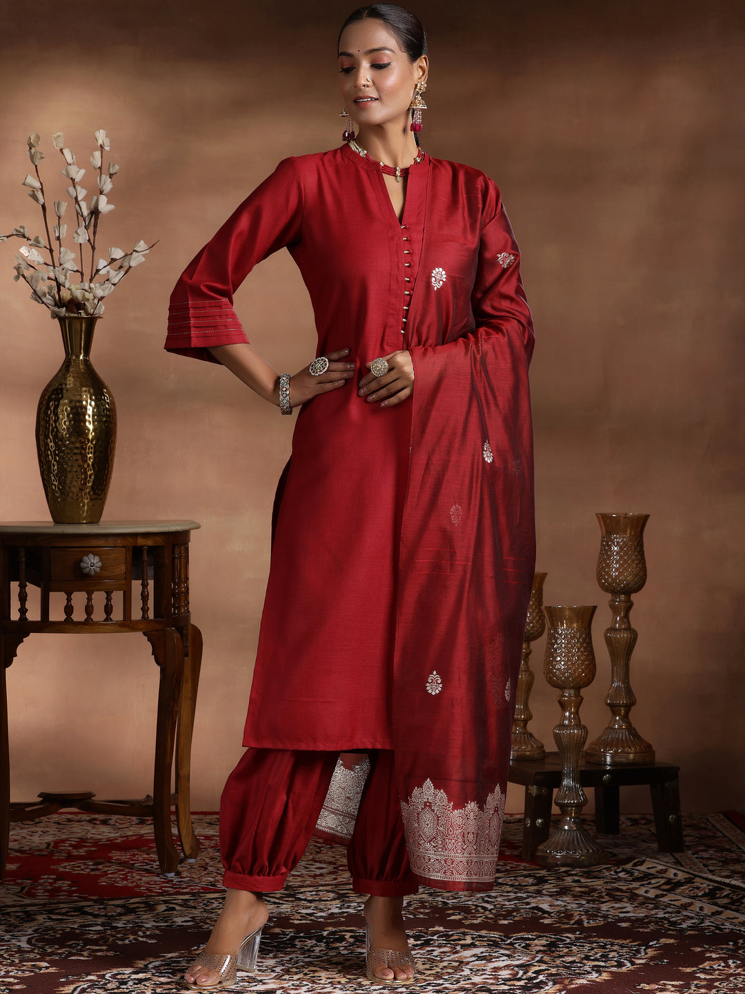  Maroon Solid Cotton Blend Straight Suit With Dupatta 