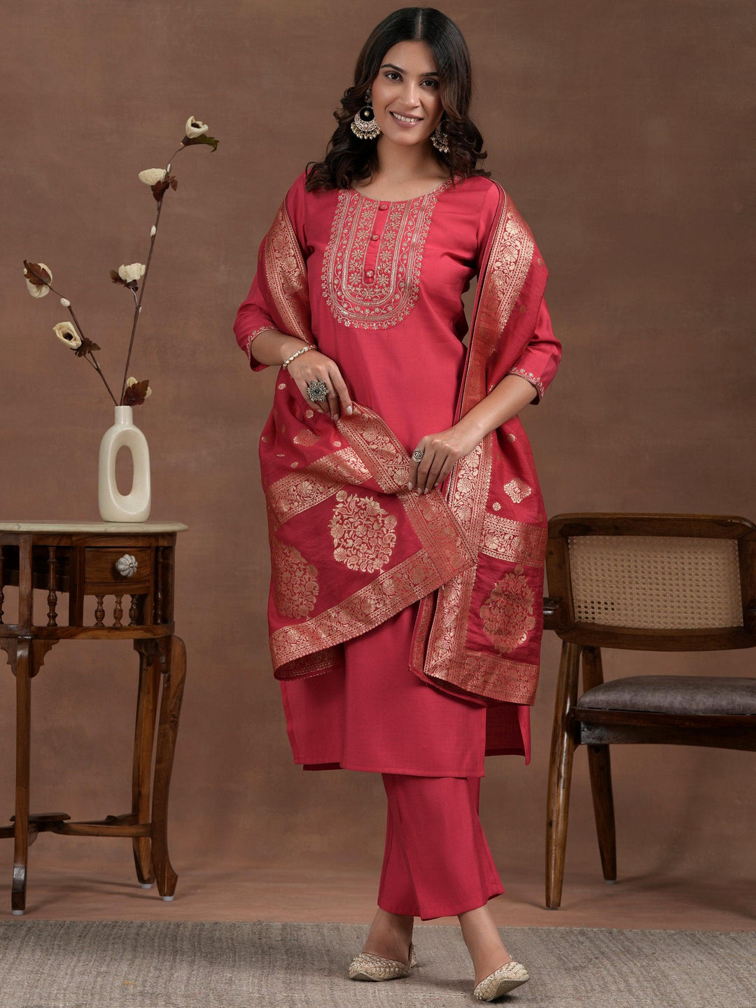 Pink Yoke Design Silk Blend Straight Suit With Dupatta - Libas 