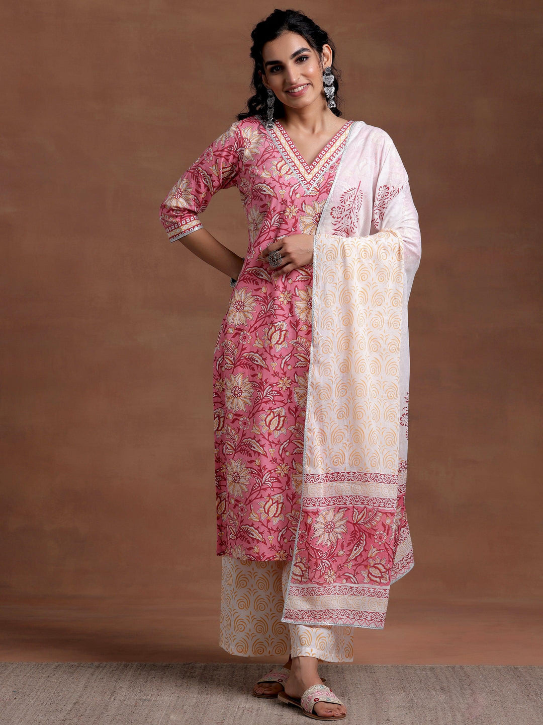 Pink Printed Cotton Straight Suit With Dupatta - Libas 