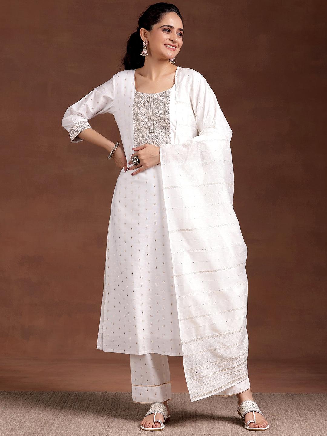 White Yoke Design Silk Blend Straight Suit With Dupatta - Libas 