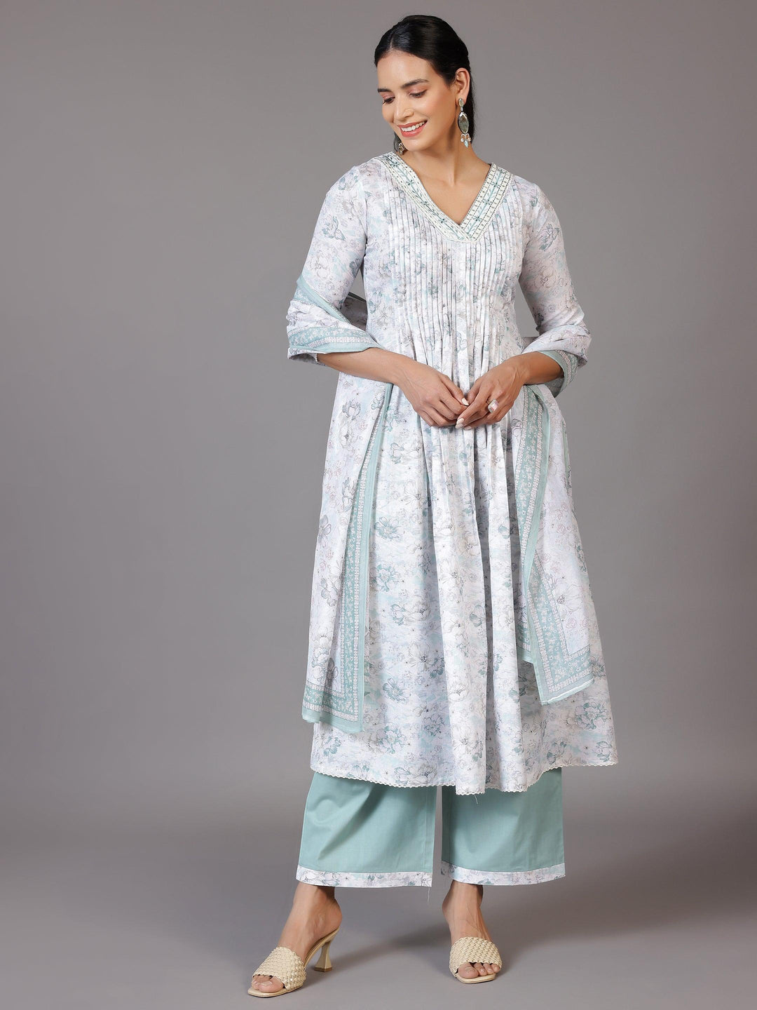 Off White Printed Cotton Blend A-Line Kurta With Palazzos & Dupatta - Libas