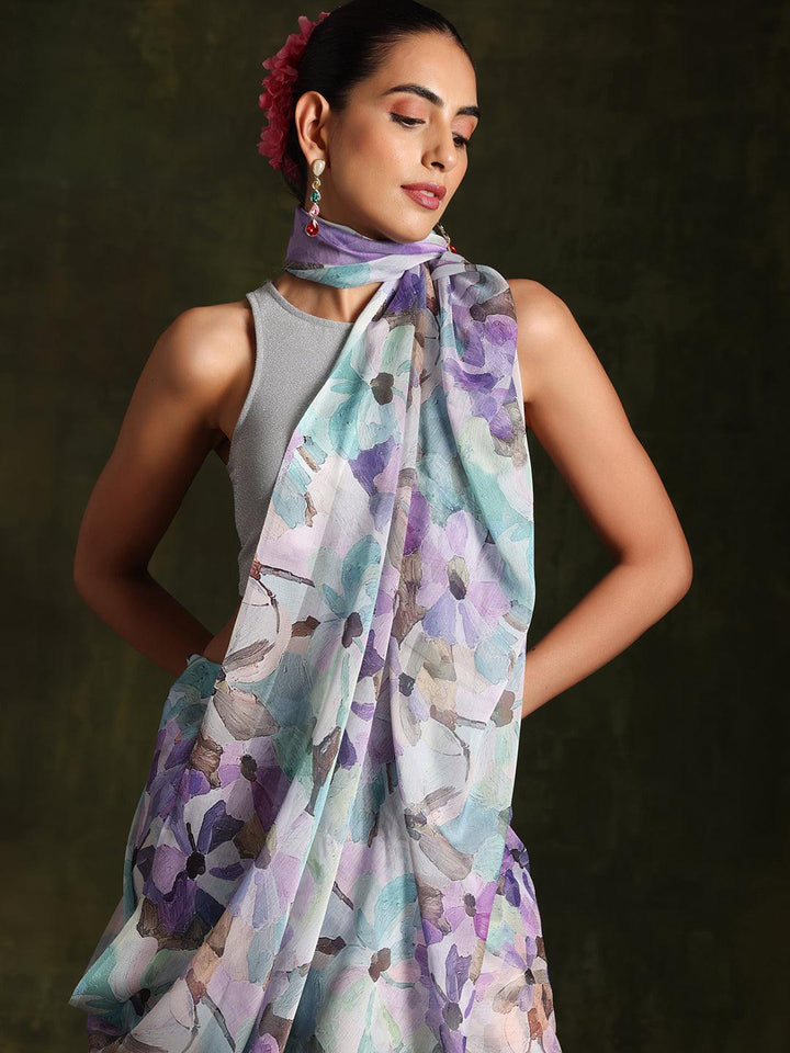 Lavender Printed Silk Blend Saree With Unstitched Blouse Piece - Libas