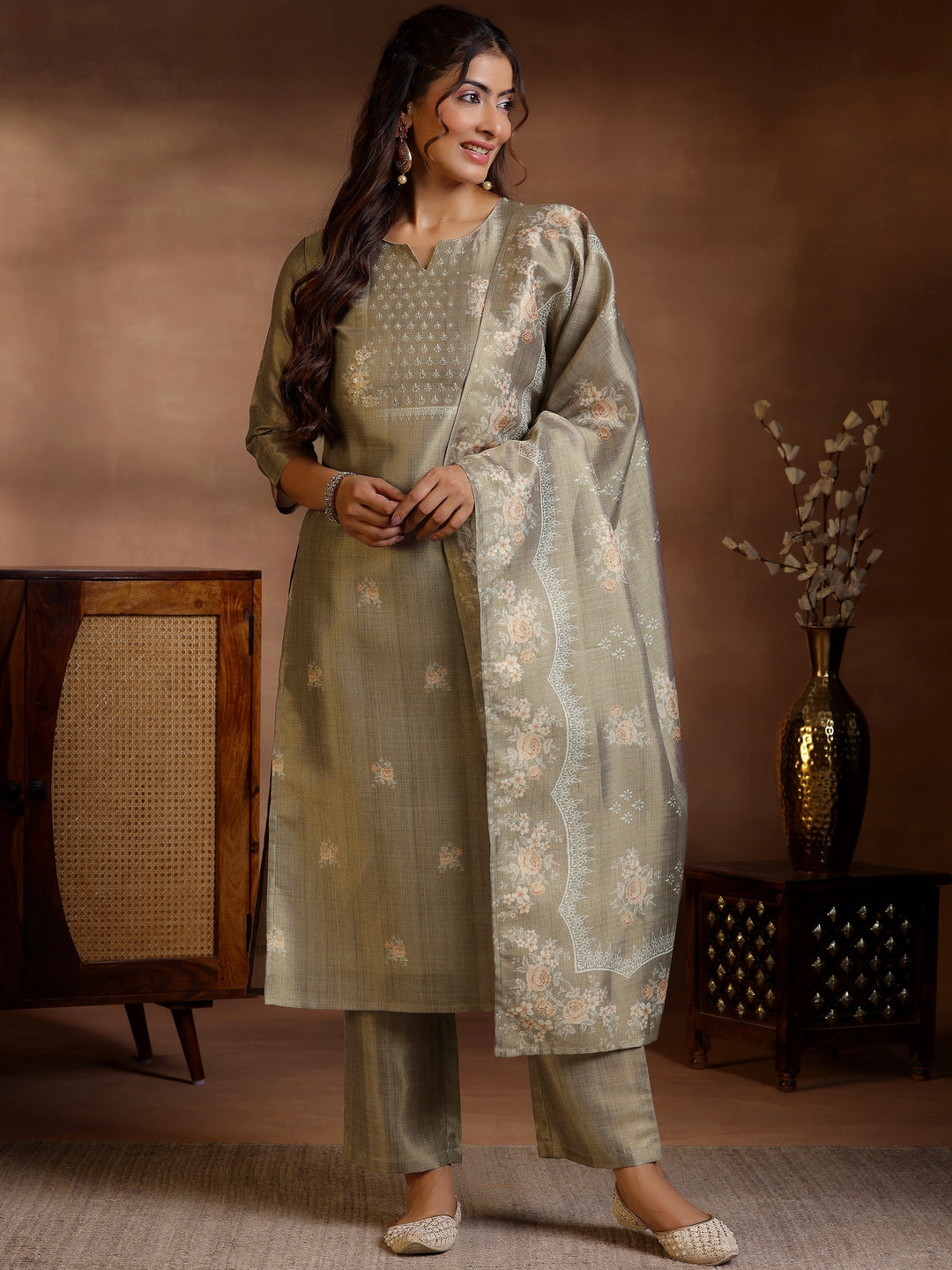 Brown Printed Silk Straight Suit With Dupatta