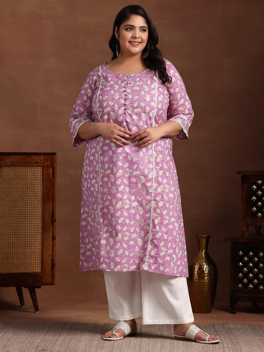 Plus Size Purple Printed Cotton A-Line Kurta - Libas