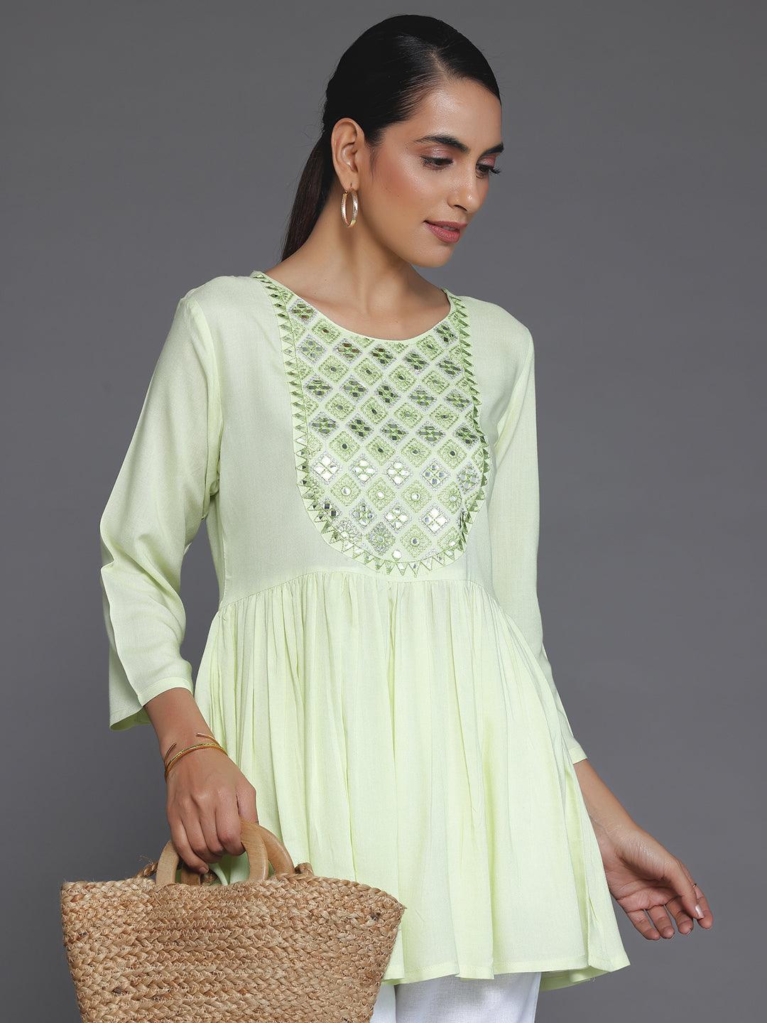 Green Embroidered Rayon A-Line Kurti - Libas 