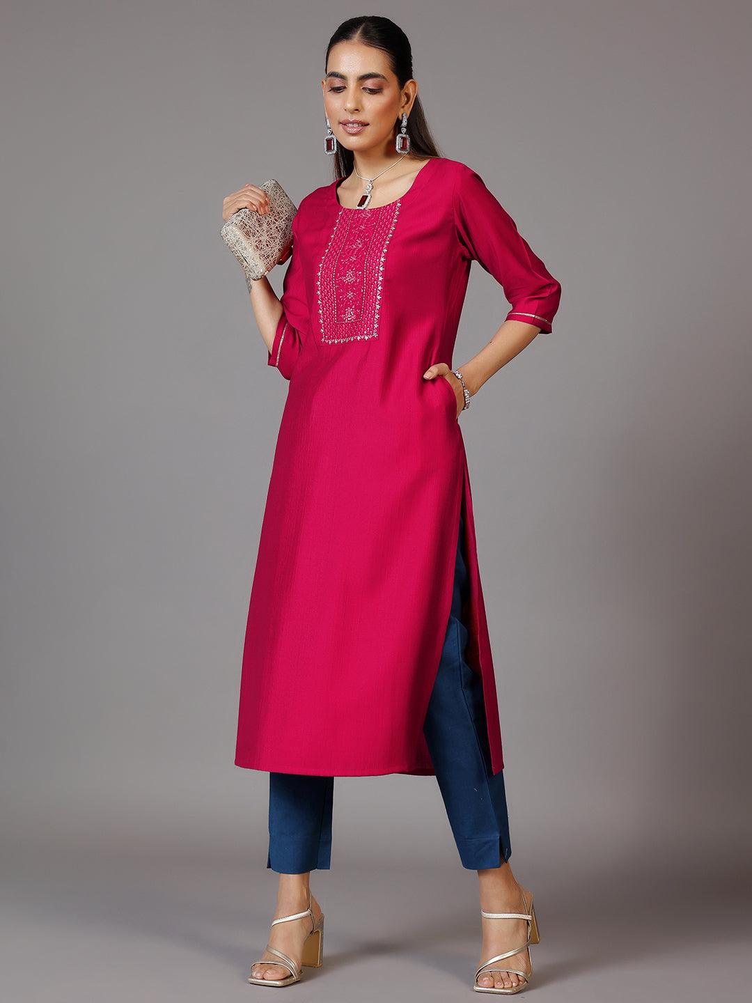 Pink Yoke Design Silk Straight Kurta - Libas