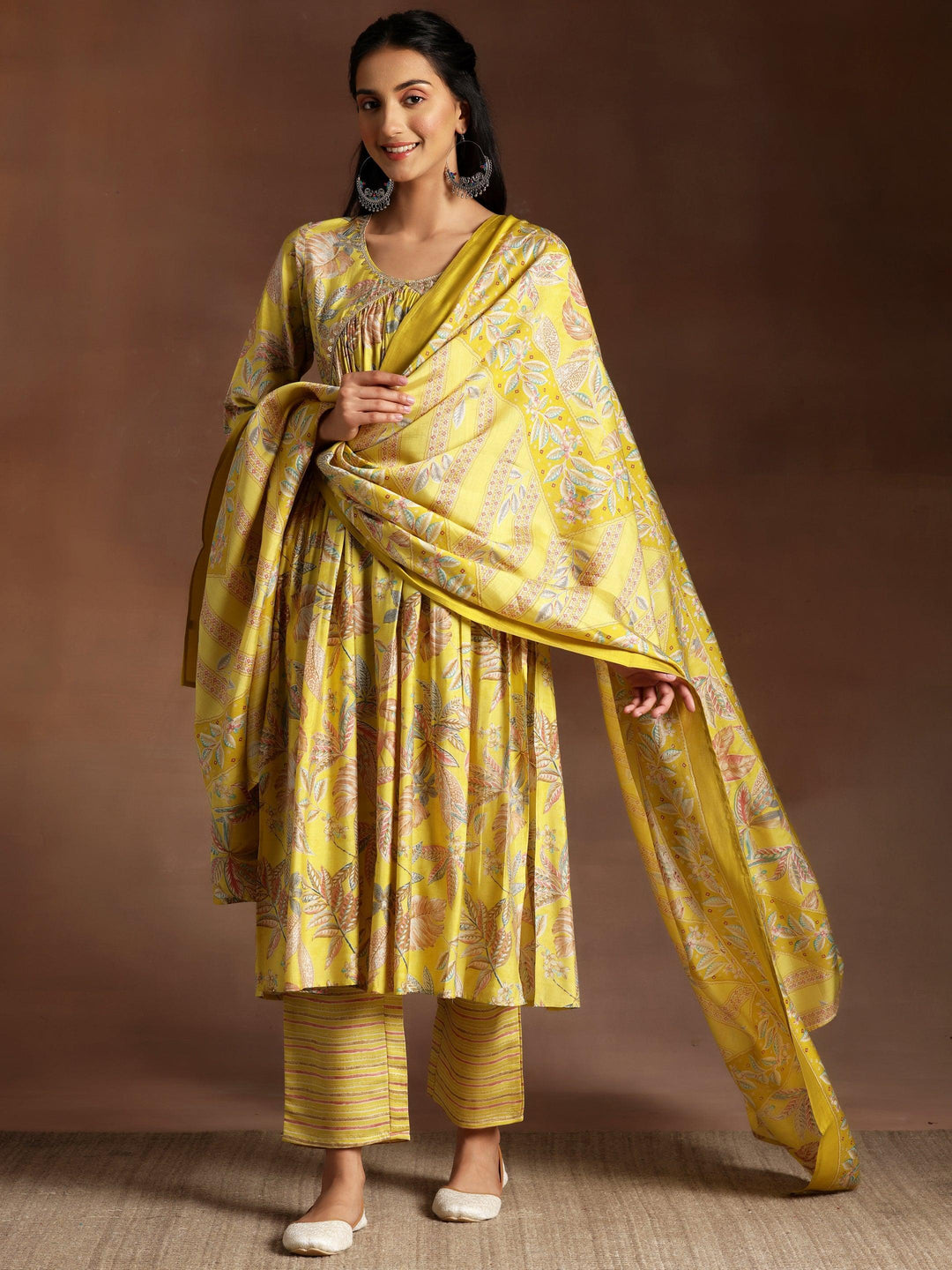 Aashna Mustard Printed Silk Blend A-Line Kurta With Palazzos & Dupatta - Libas 