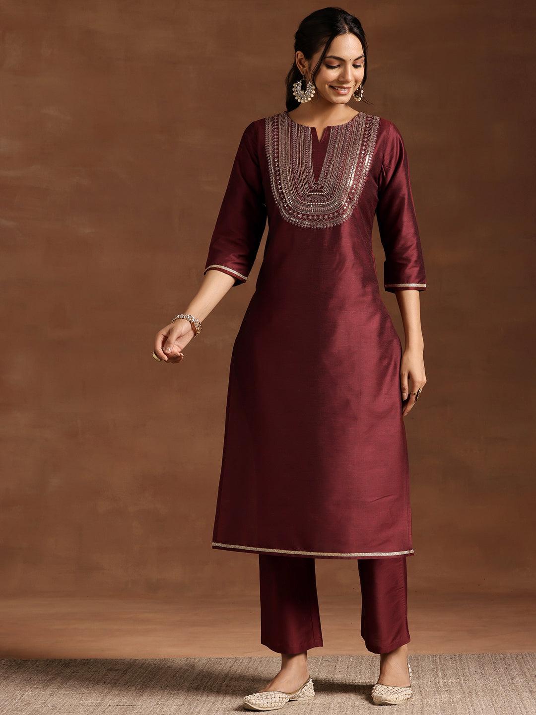 Maroon Yoke Design Silk Blend Straight Kurta Set - Libas 