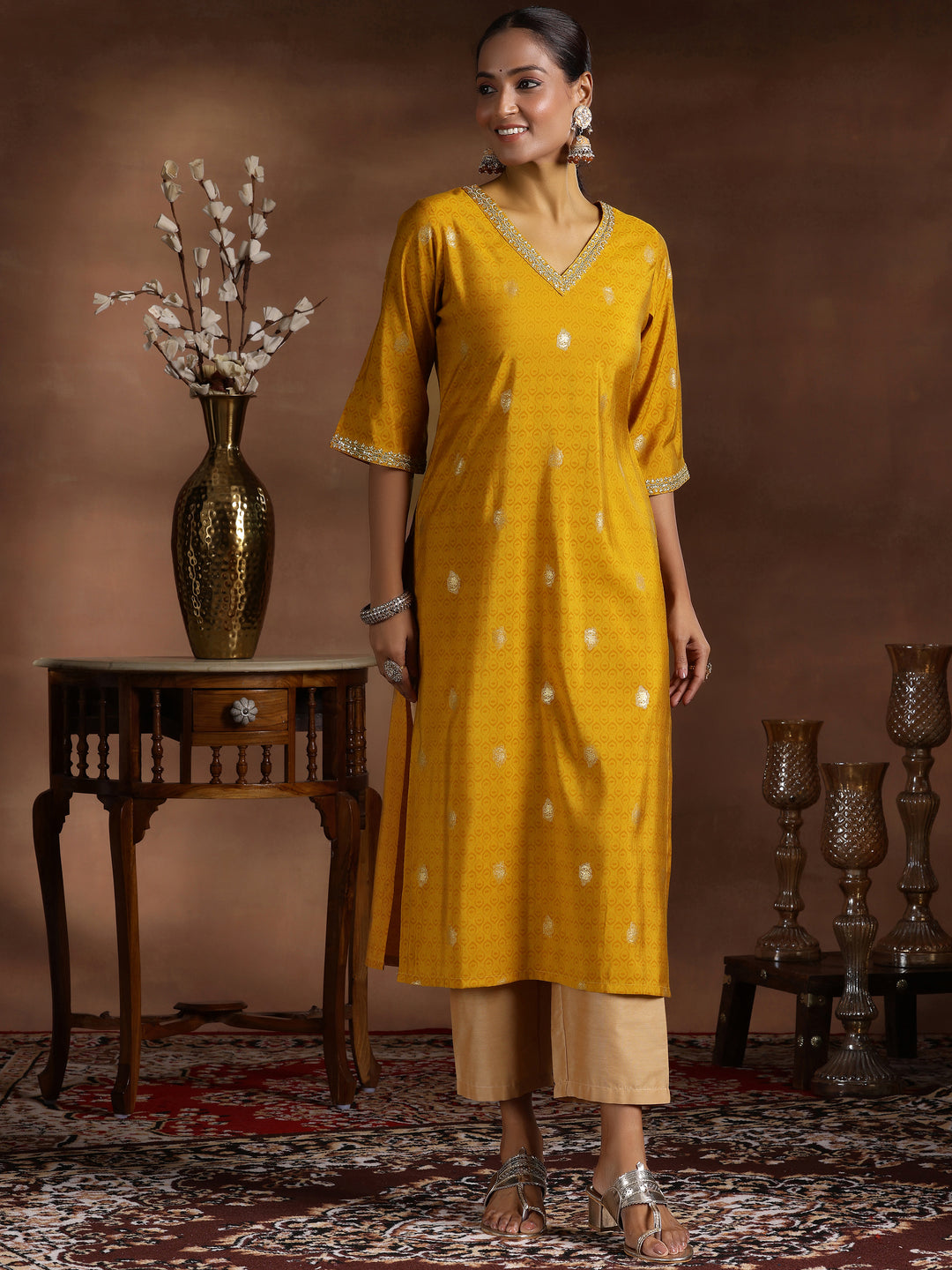 Mustard Printed Silk Straight Kurta