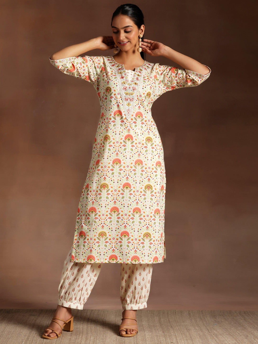 Off White Printed Cotton Straight Kurta Set - Libas 