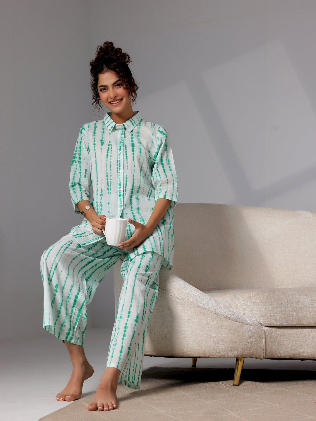 Green Printed Cotton Night Suits - Libas 