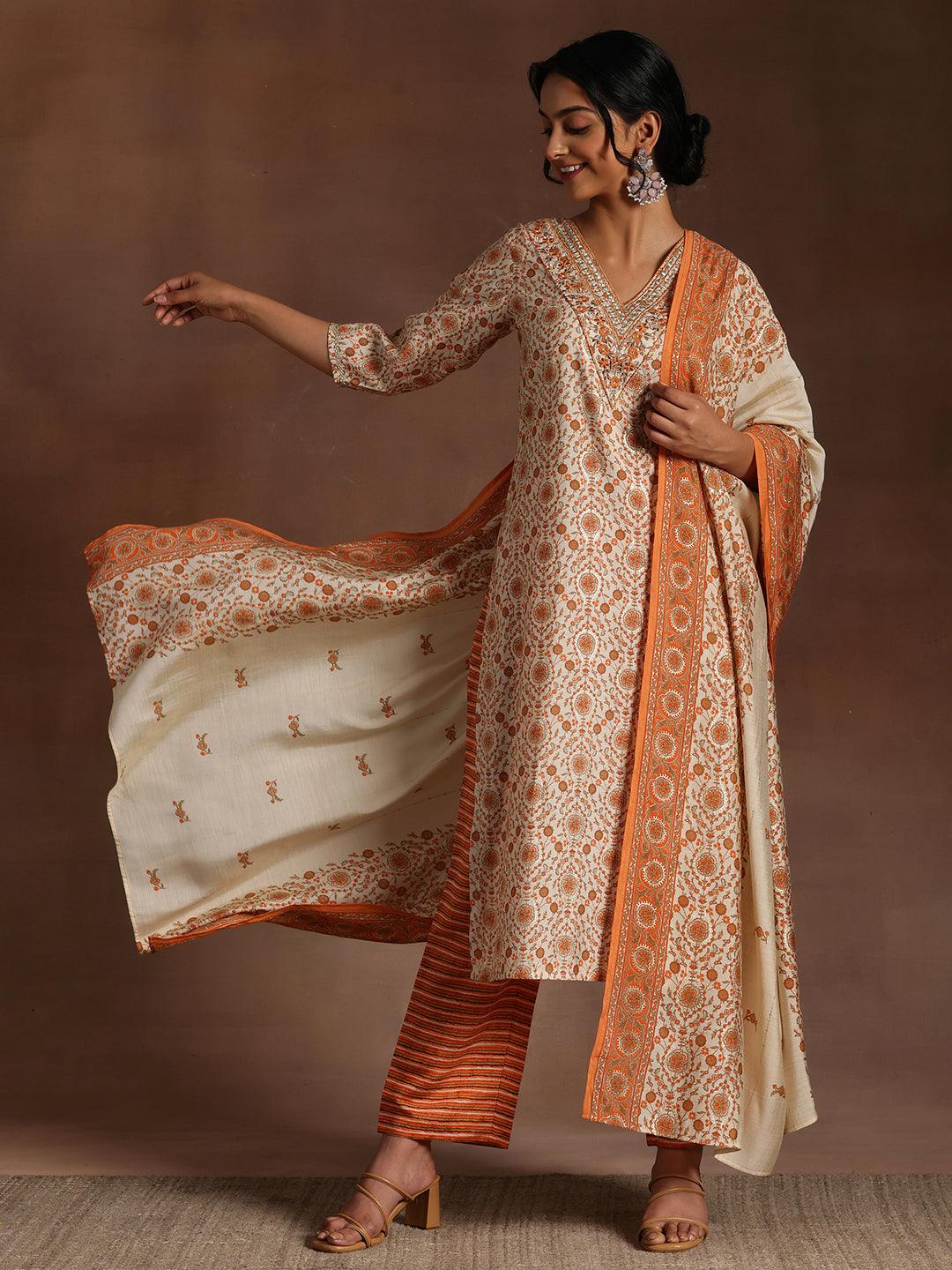 Orange Printed Silk Blend Straight Suit With Dupatta - Libas 