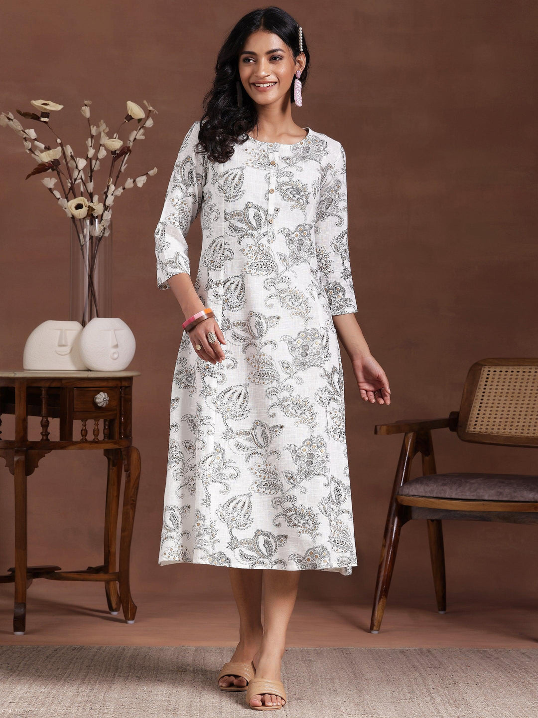 White Printed Cotton A-Line Dress - Libas 