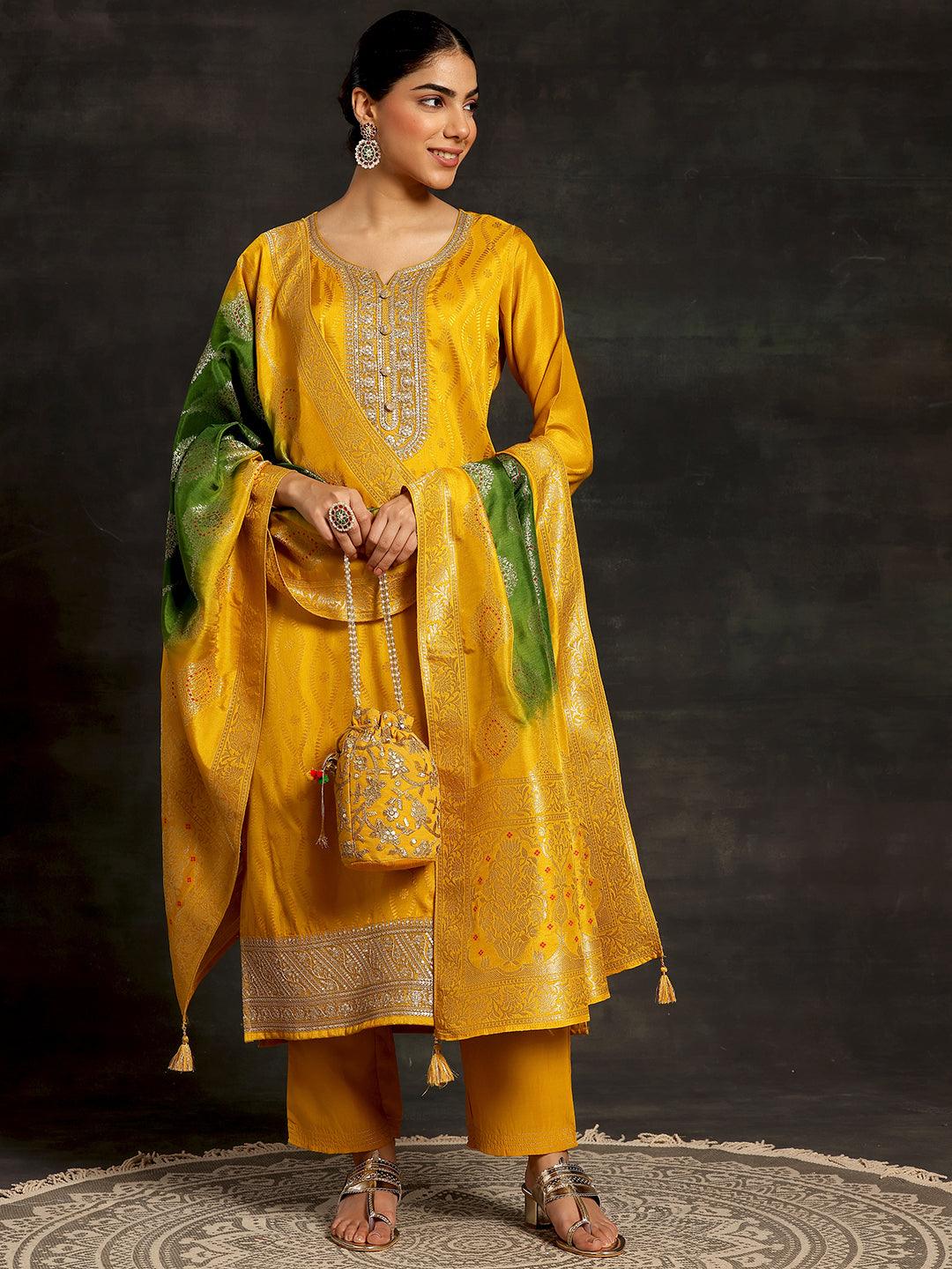 Mustard Woven Design Silk Blend Straight Suit With Dupatta - Libas 