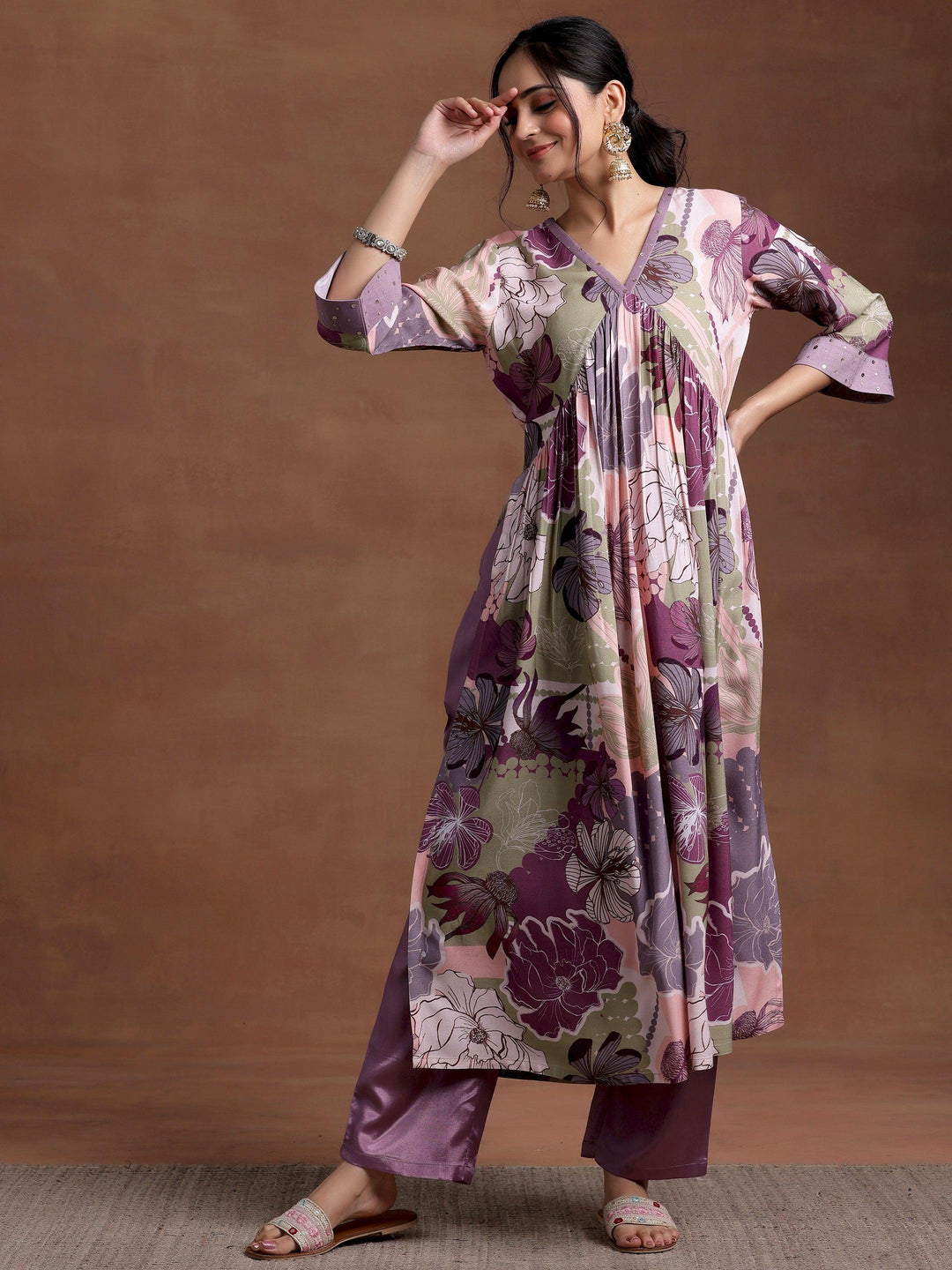 Mauve Printed Rayon A-Line Kurta With Trousers - Libas