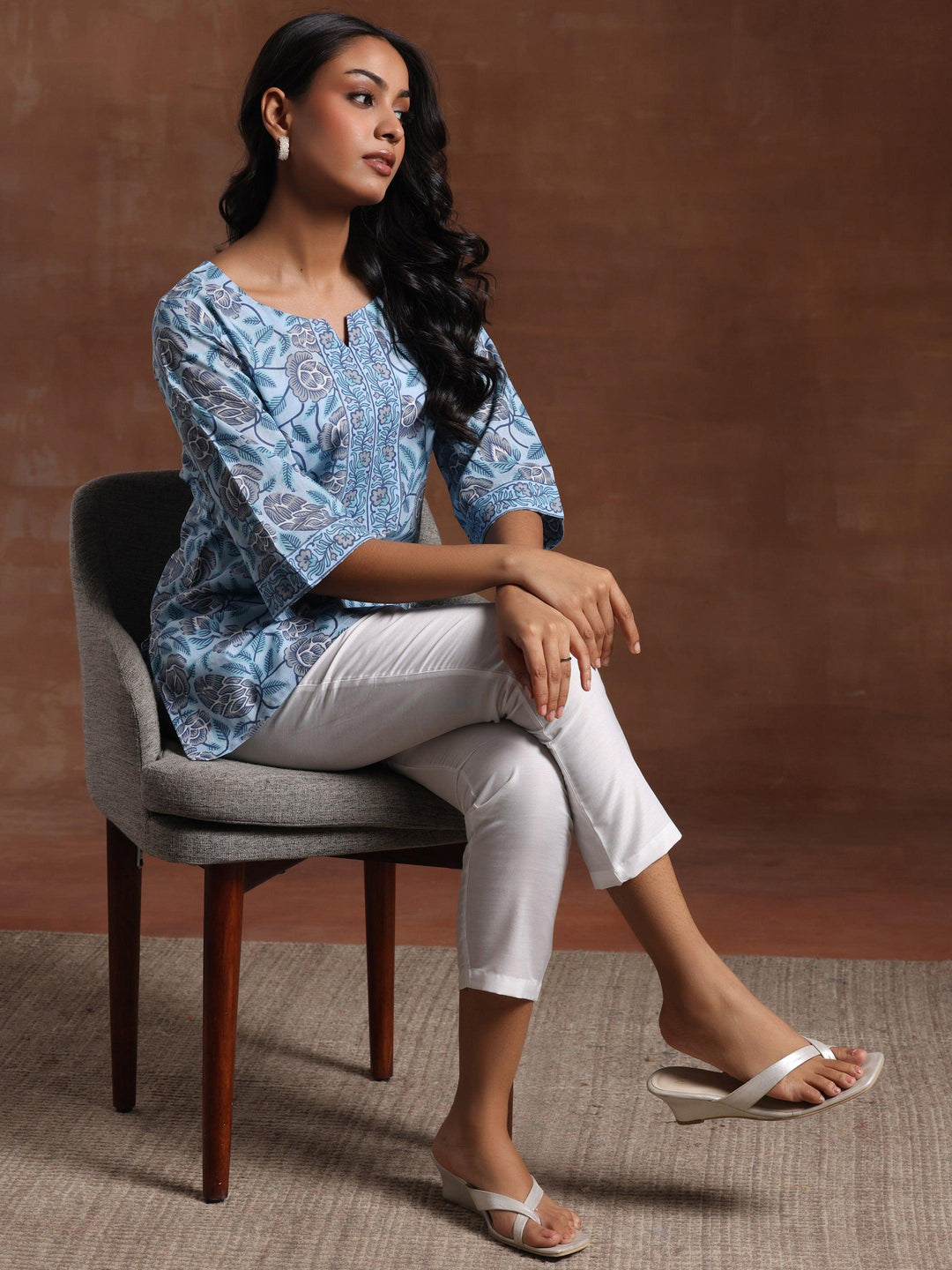 Blue Printed Cotton Straight Kurti - Libas